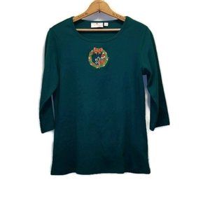 Quacker Factory Women's Size S Dark Green Holiday Christmas Wreath Popover Top